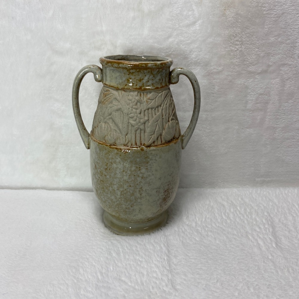 VTG Ceramic Vase Embossed Floral Two Handles Rustic Farmhouse Decor‎ Elegant